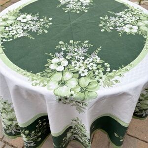 Vintage Green Floral Round Linen Scalloped Tablecloth Retro 62”